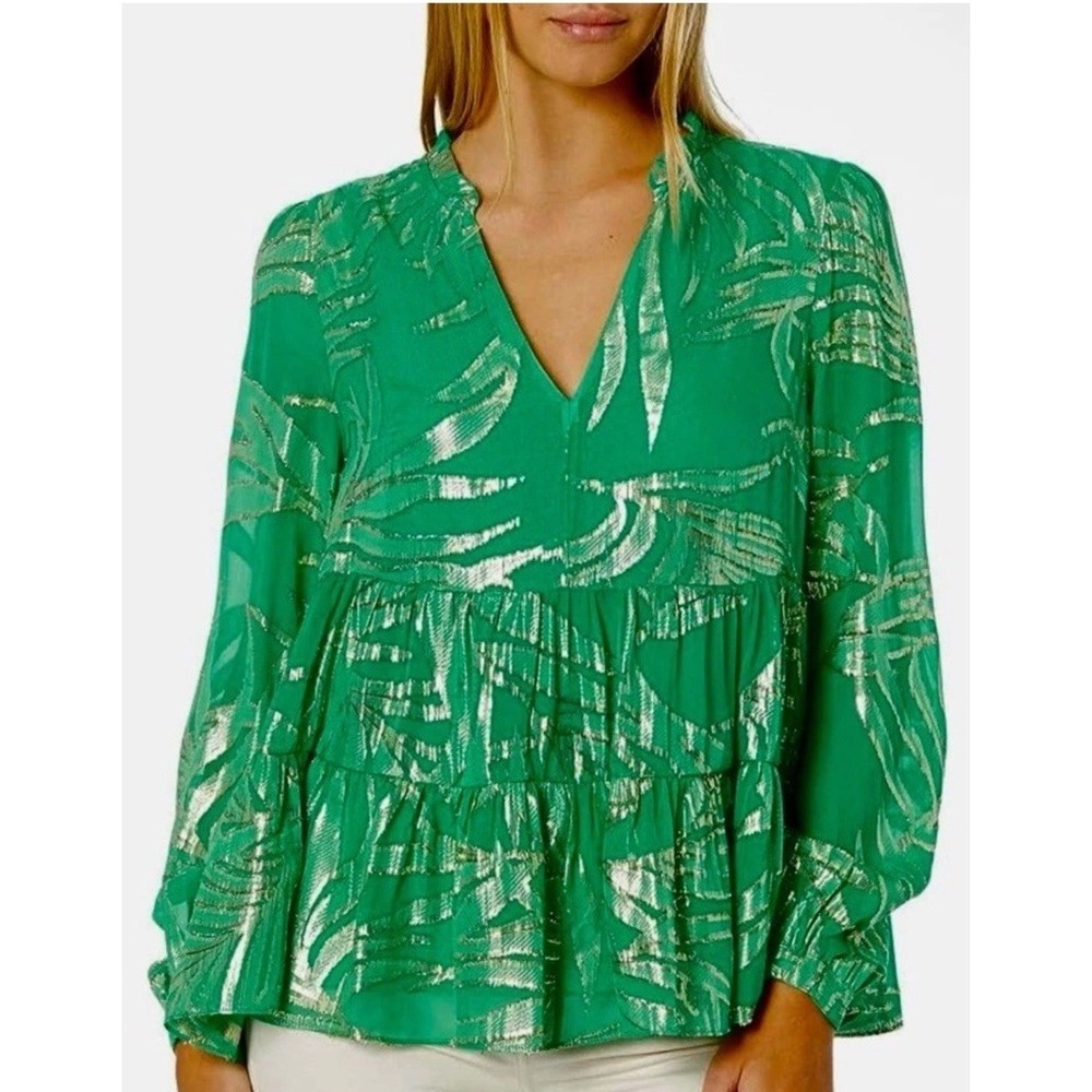 Lilly Pulitzer Sarita Long Sleeve Silk Green Metallic Top Blouse Size‎ 00